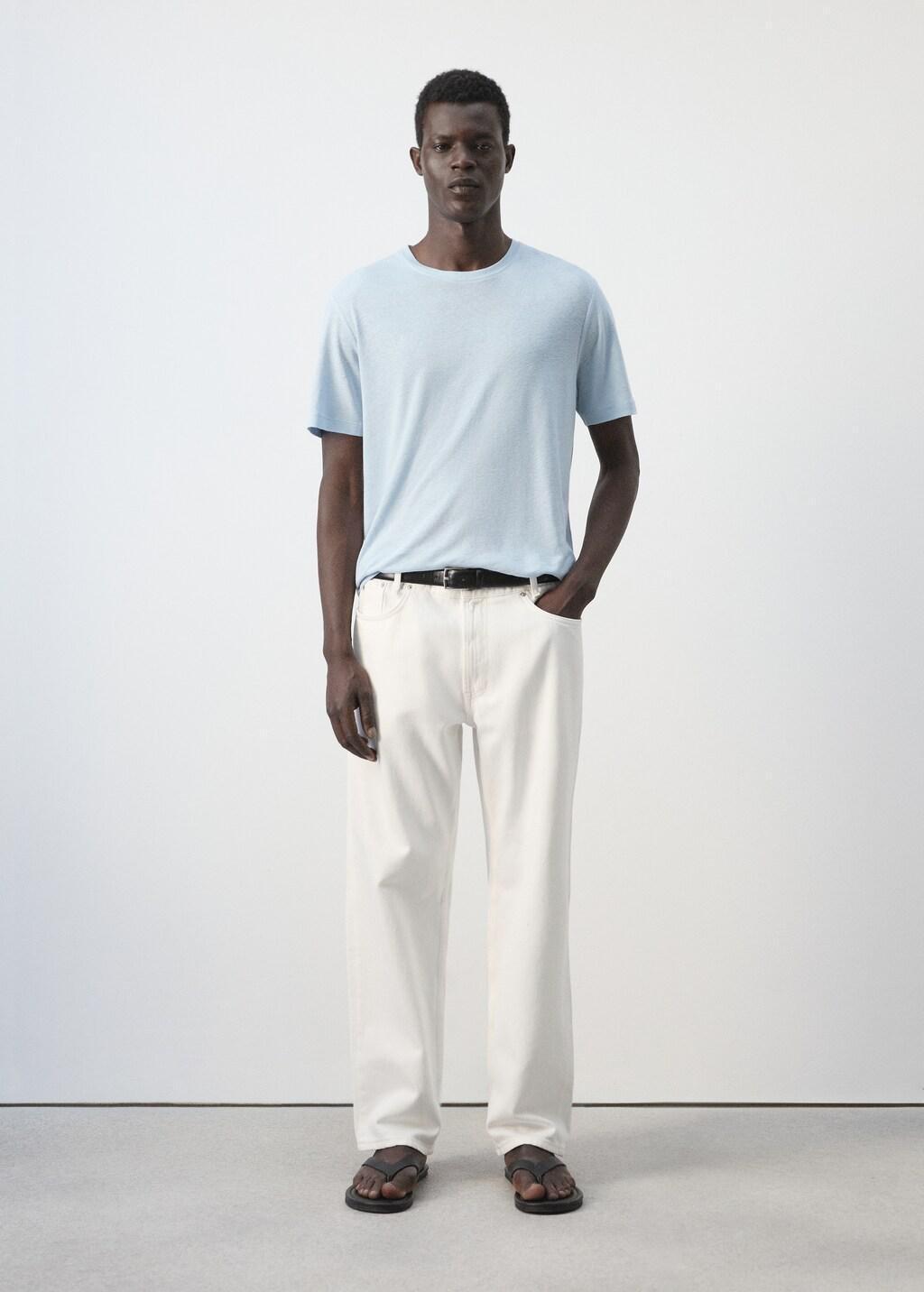Blue Linen Blend Slim Fit T-Shirt, Light-Pastel Blue, large image number 0