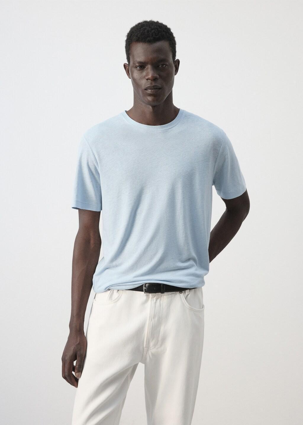 Blue Linen Blend Slim Fit T-Shirt, Light-Pastel Blue, large image number 3