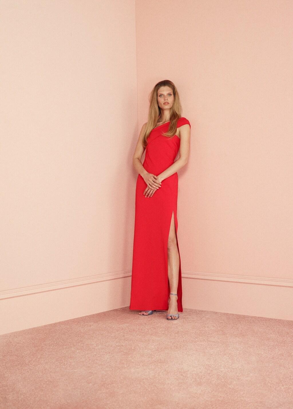 Red Asymmetric Neckline Dress With Opening, Red, large image number 0