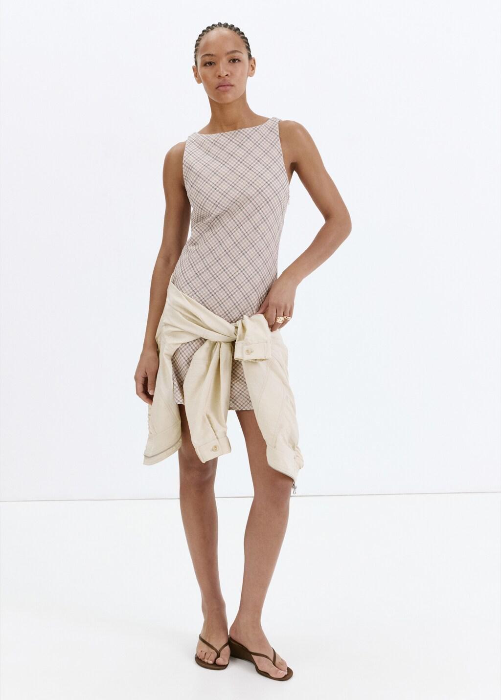 Beige Check Dress With Back Detail, Light Beige, large image number 0