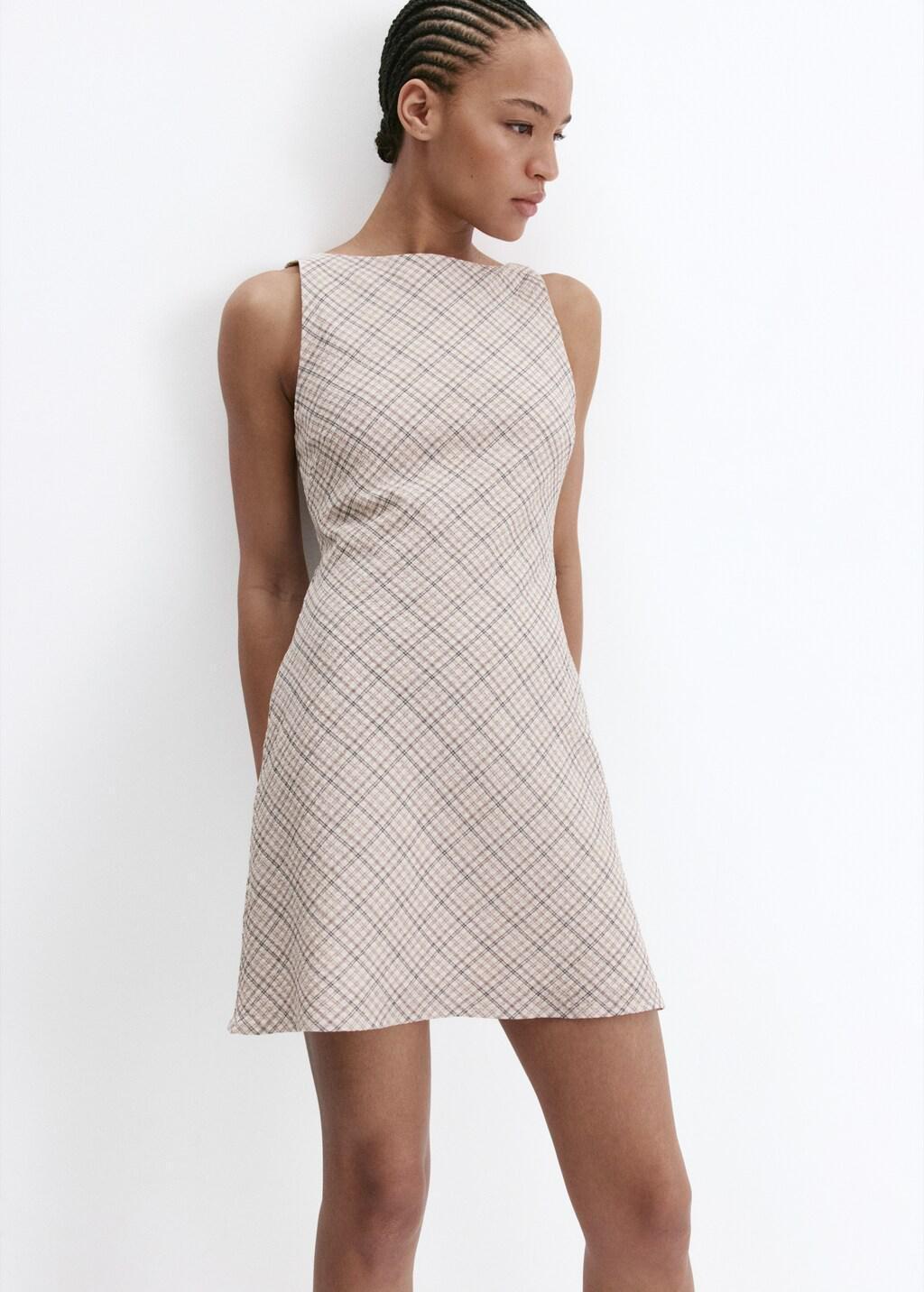 Beige Check Dress With Back Detail, Light Beige, large image number 3