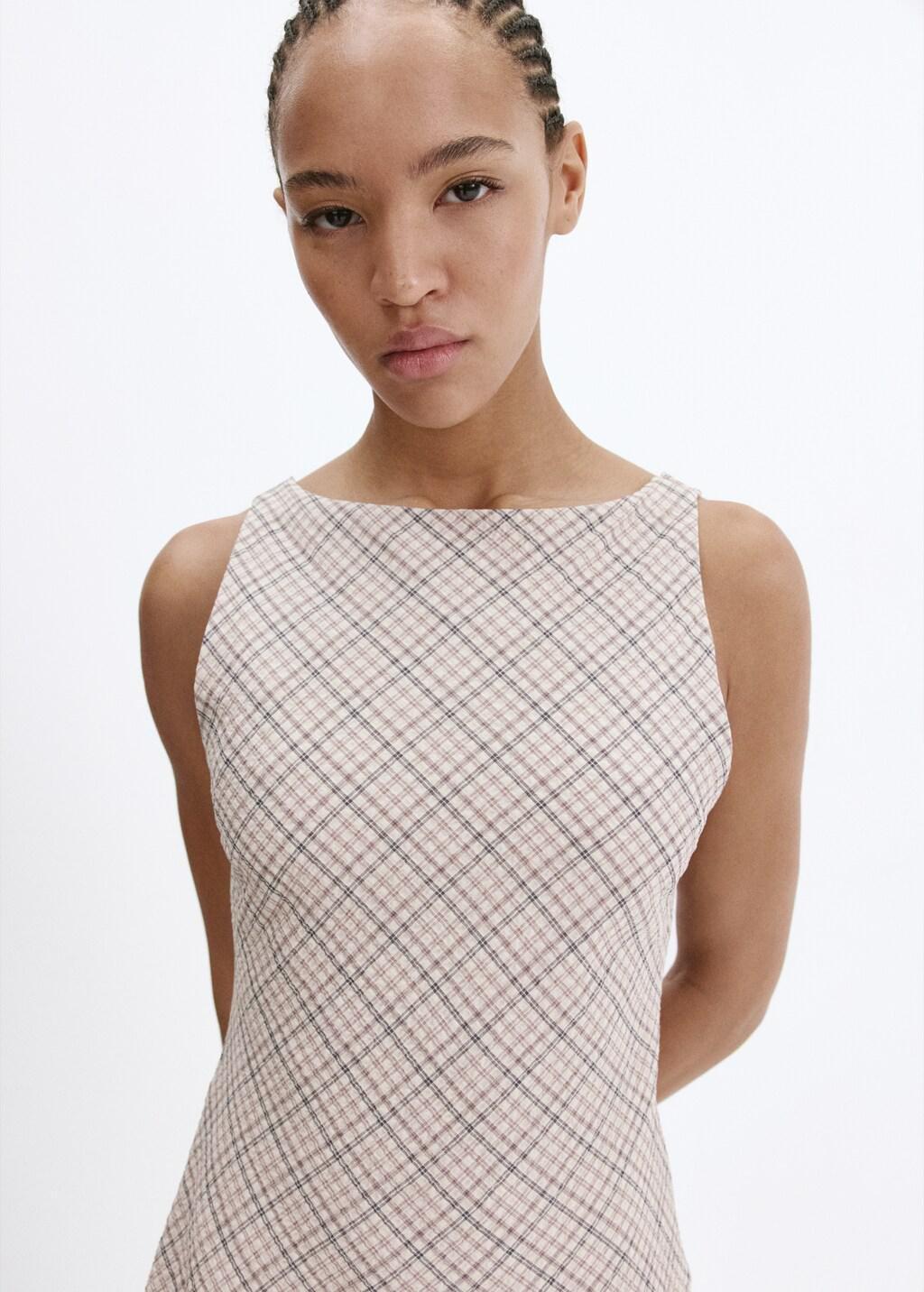 Beige Check Dress With Back Detail, Light Beige, large image number 4