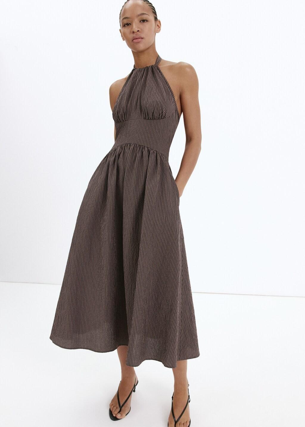 Brown Gingham Check Halter Dress, Brown, medium