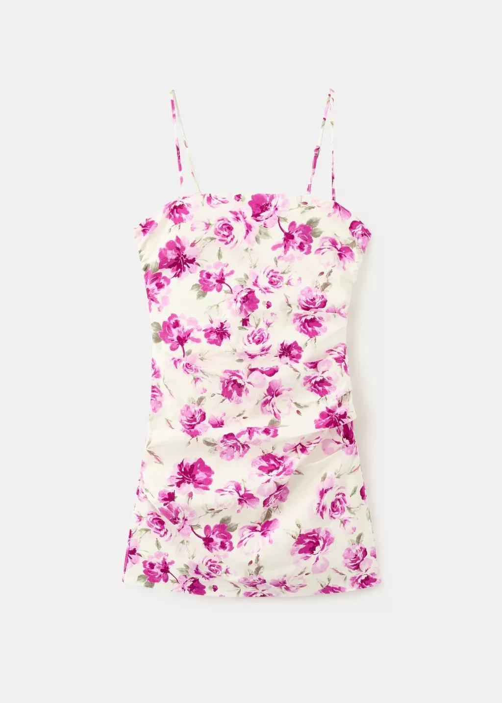 Beige Side Ruched Floral Dress, Light Beige, large image number 7