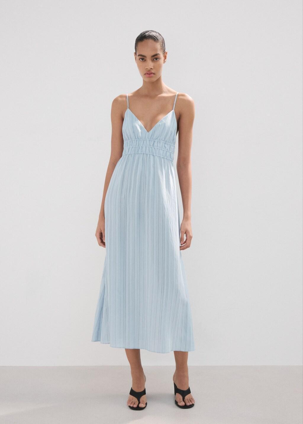 Blue Lt Pastel Striped Gathered Dress, Light-Pastel Blue, large image number 0