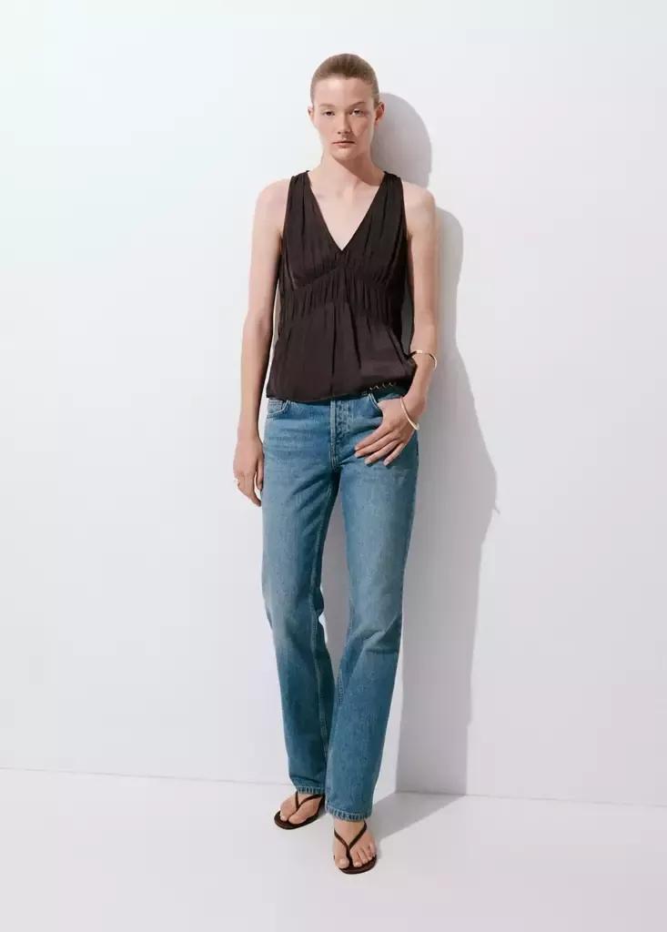 Brown Ruched V-Neck Top, Brown, large image number 0