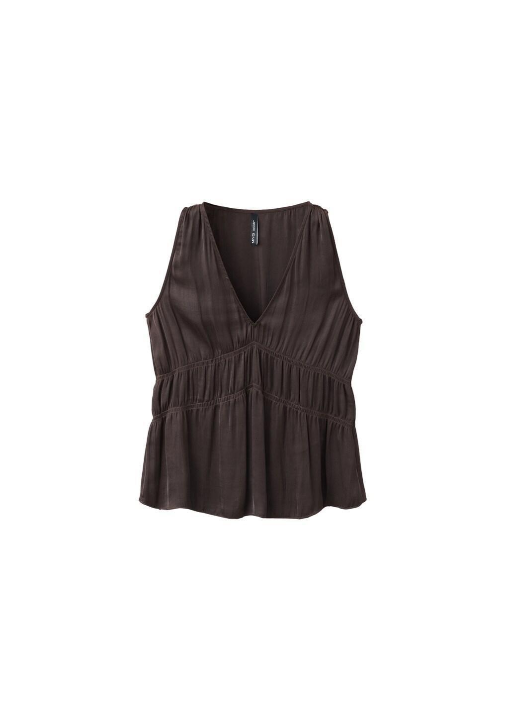 Brown Ruched V-Neck Top, Brown, large image number 4