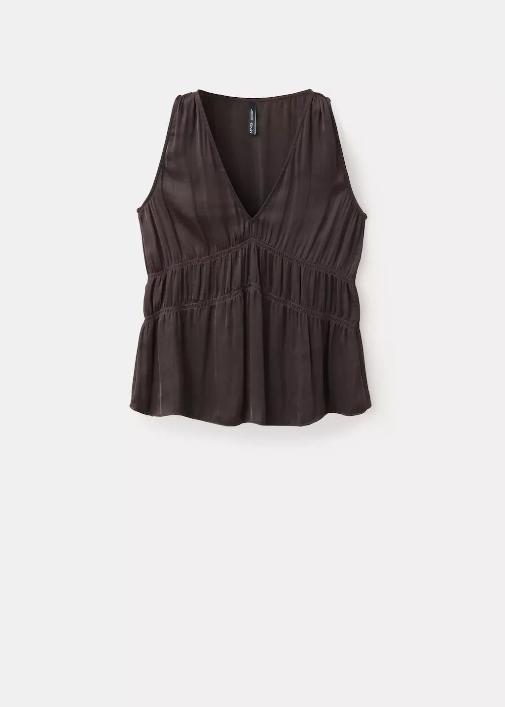 Brown Ruched V-Neck Top, Brown, large image number 5