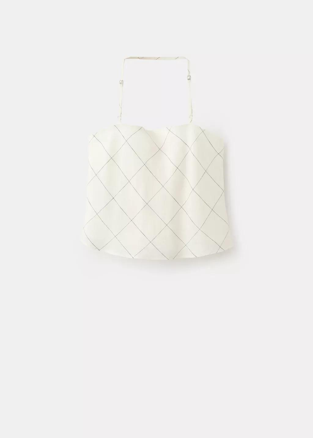 White Check Linen-Blend Top, White, medium