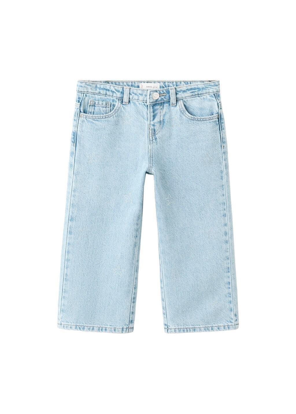 Blue Straight Jeans With Star Strass, Baby Girls, Open Blue, large image number 4
