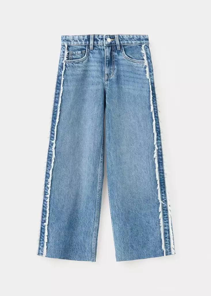 Blue Wide-Leg Jeans With Frayed Seams, Kids Girls, Open Blue, medium