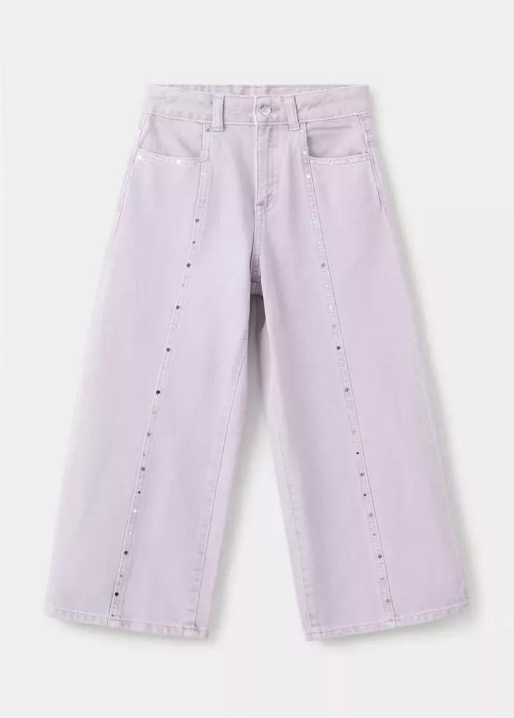 Purple Culotte Jeans With Studded Details, Kids Girls, Light-Pastel Purple, medium