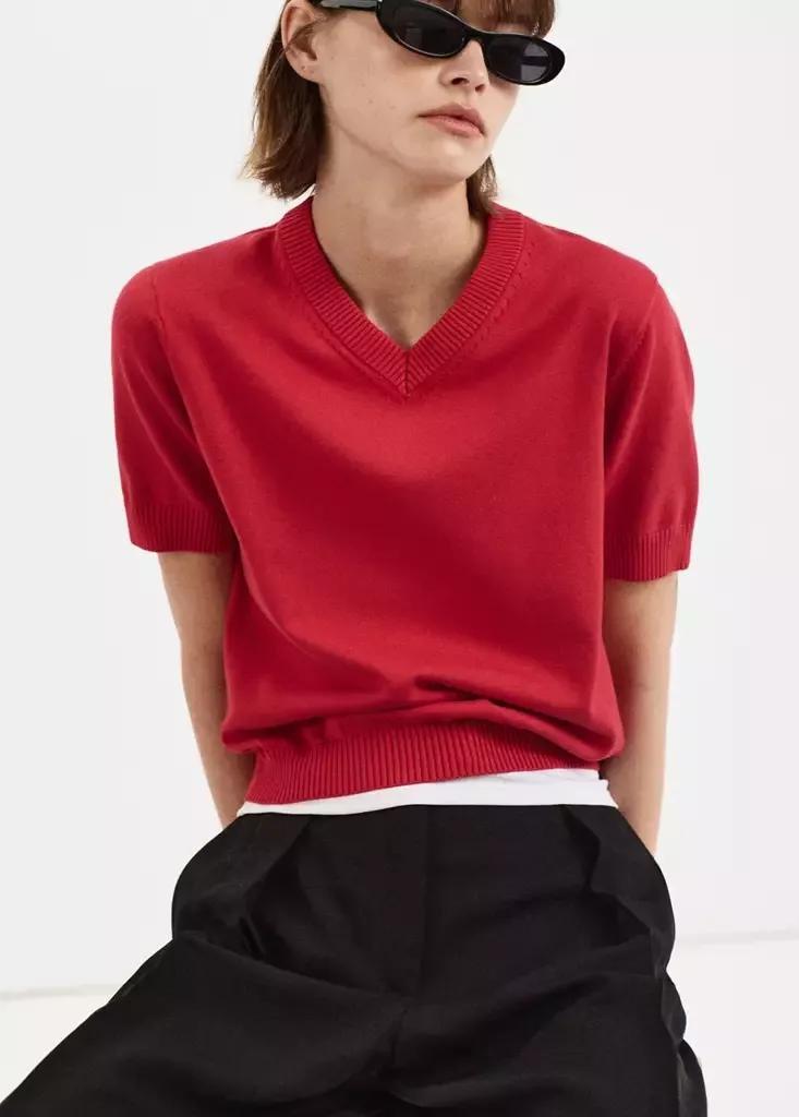 Red V-Neck Knit Sweater, Red, large image number 0