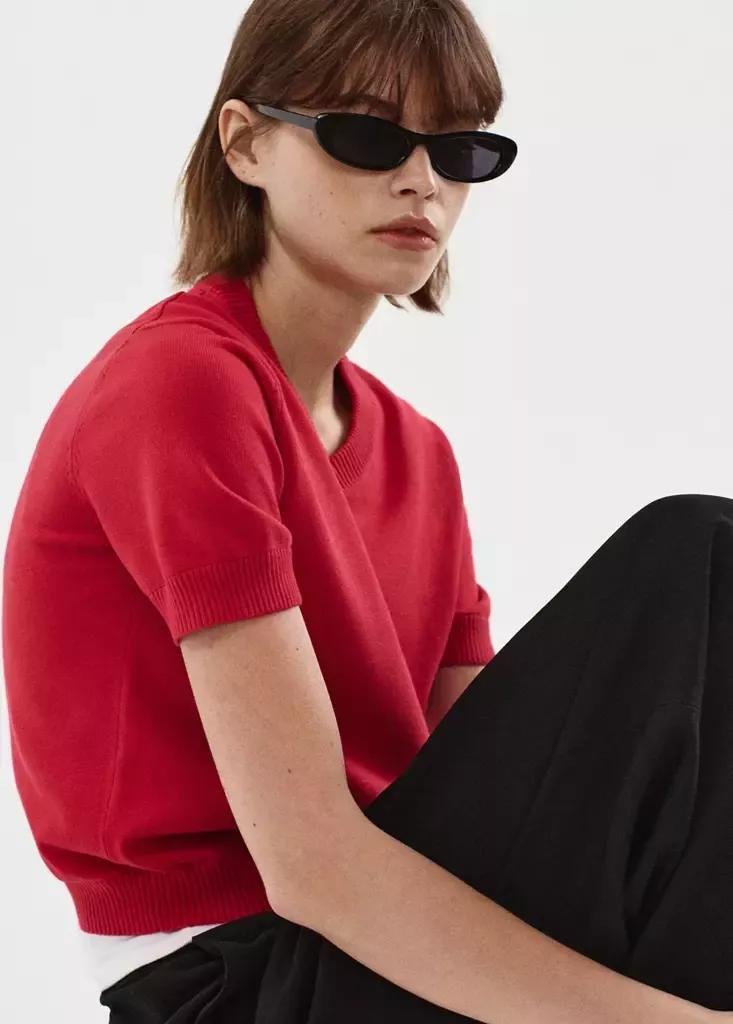 Red V-Neck Knit Sweater, Red, large image number 5