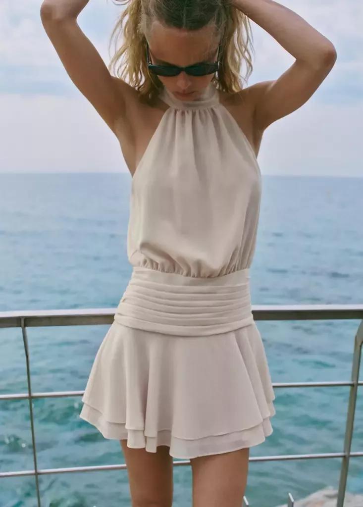 Beige Draped Waist Halter Dress, Light Beige, large image number 0