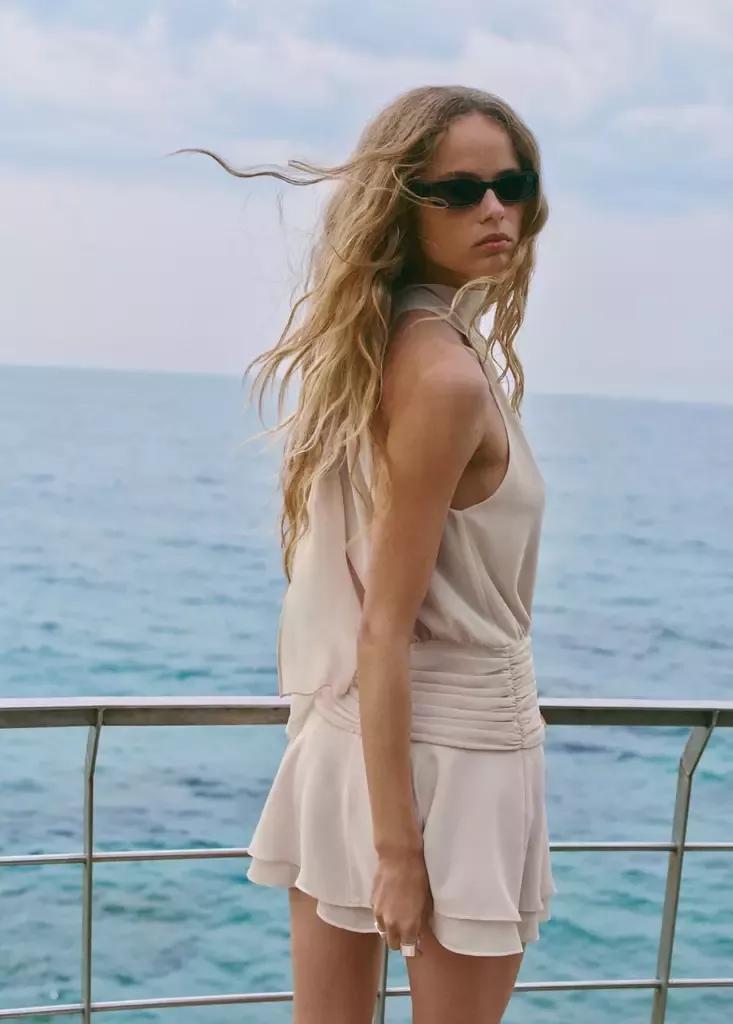 Beige Draped Waist Halter Dress, Light Beige, medium