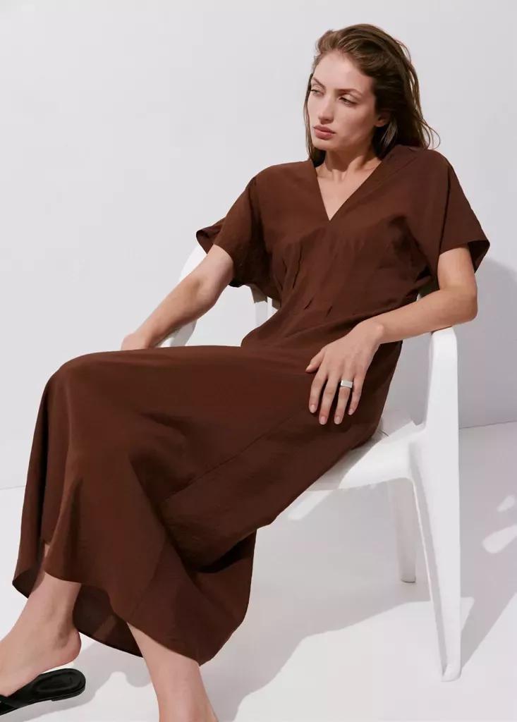 Brown Ruched V-Neck Dress, Dark Brown, medium