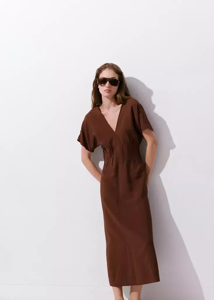 Brown Ruched V-Neck Dress, Dark Brown, medium