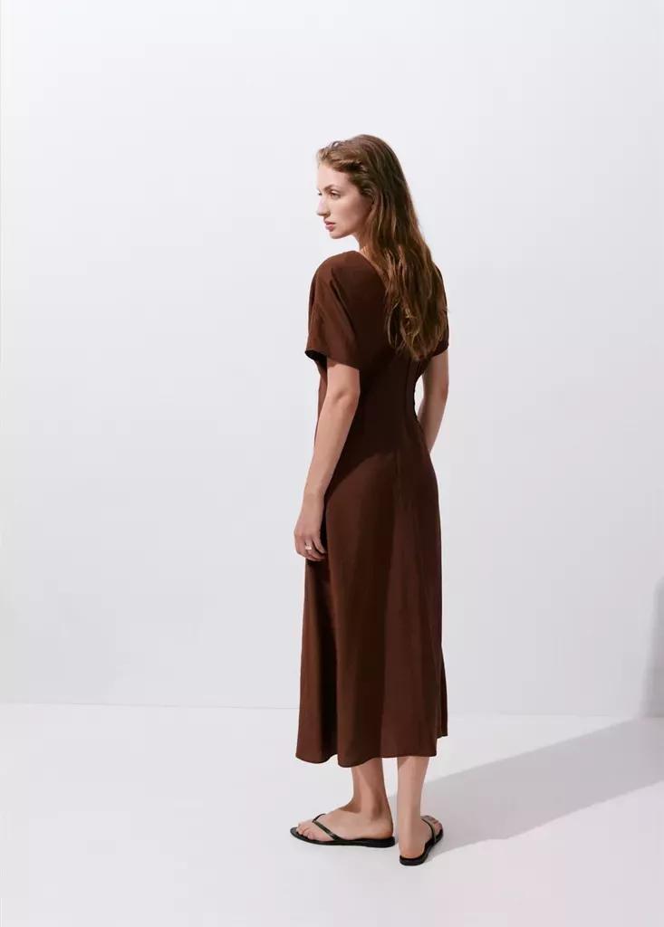 Brown Ruched V-Neck Dress, Dark Brown, medium