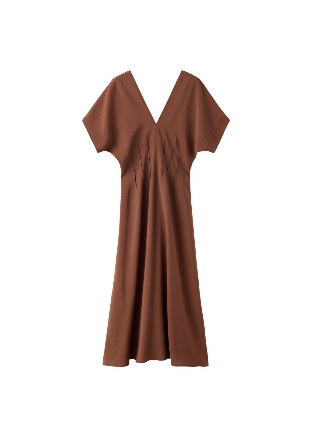 Brown Ruched V-Neck Dress, Dark Brown, large image number 4