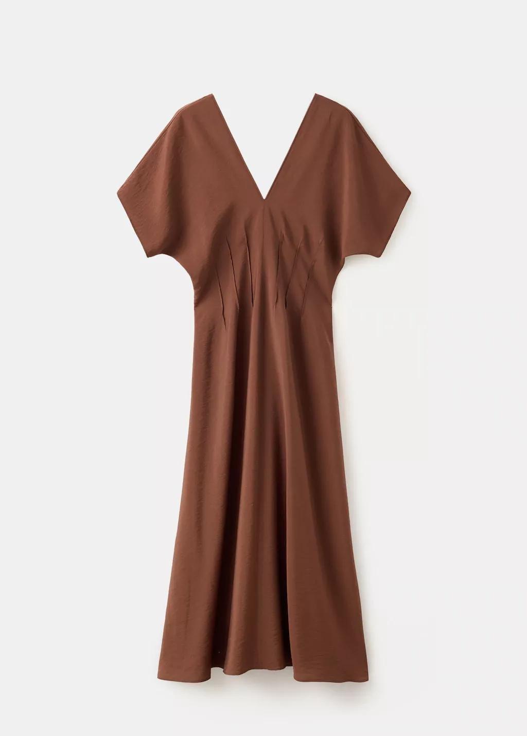 Brown Ruched V-Neck Dress, Dark Brown, large image number 5