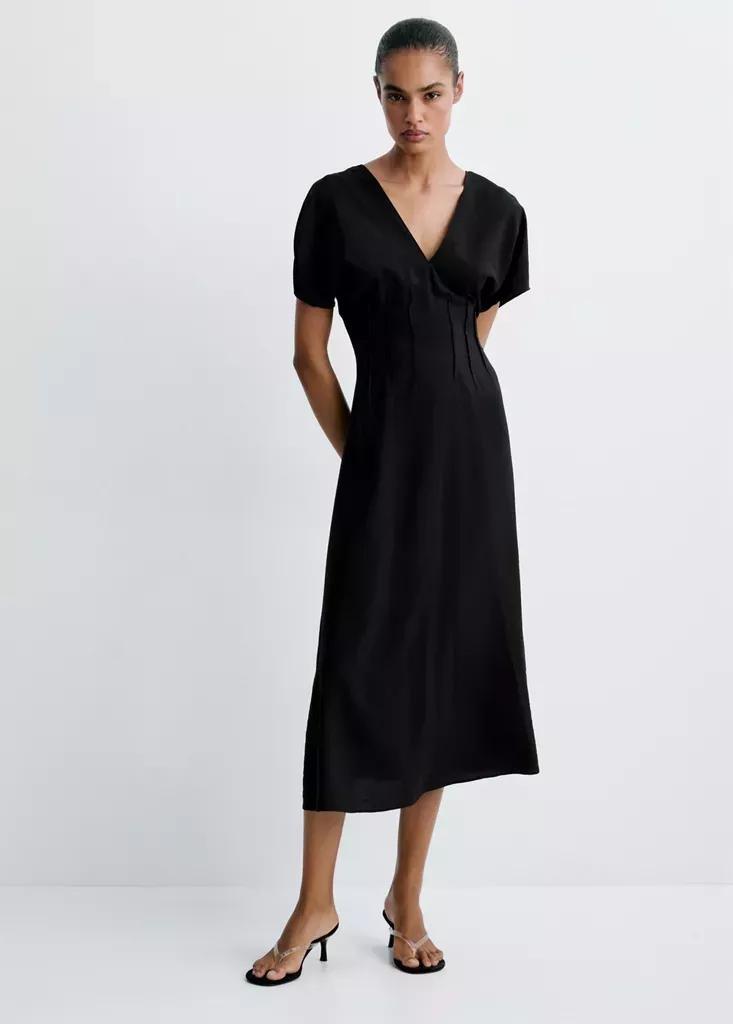 Black Ruched V-Neck Dress, Black, medium