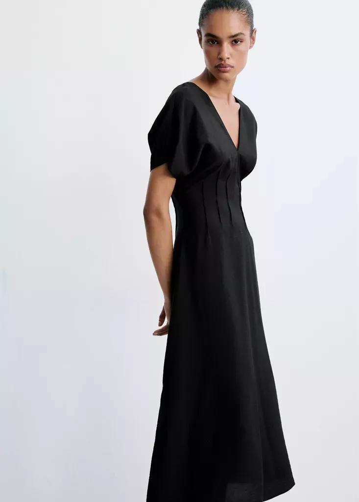 Black Ruched V-Neck Dress, Black, medium