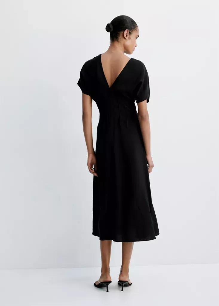 Black Ruched V-Neck Dress, Black, medium