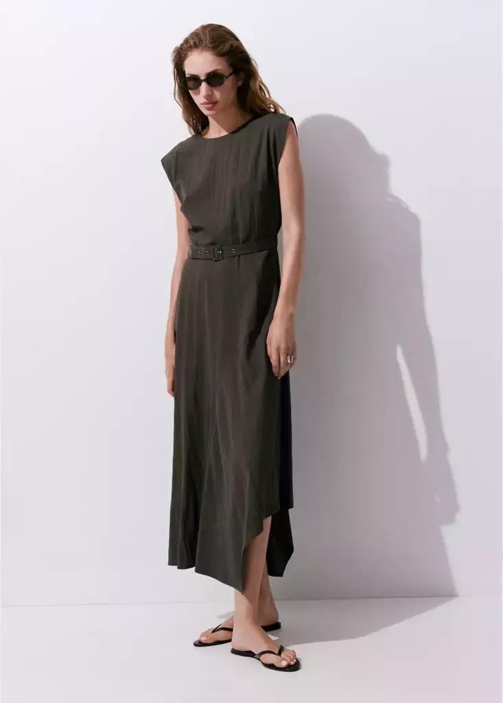 BROWN Asymmetrical dress with belt, Brown, large image number 0
