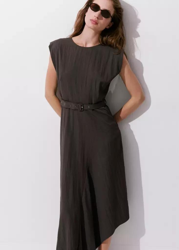 BROWN Asymmetrical dress with belt, Brown, large image number 1