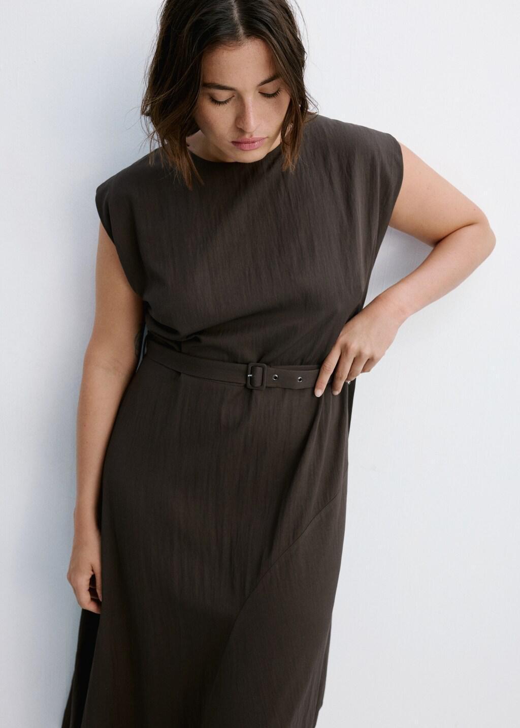 BROWN Asymmetrical dress with belt, Brown, large image number 4