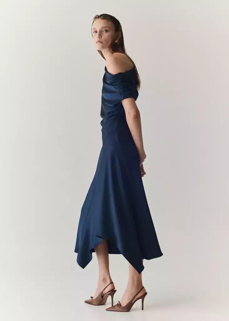 Navy Asymmetrical Satin Dress, Navy, medium