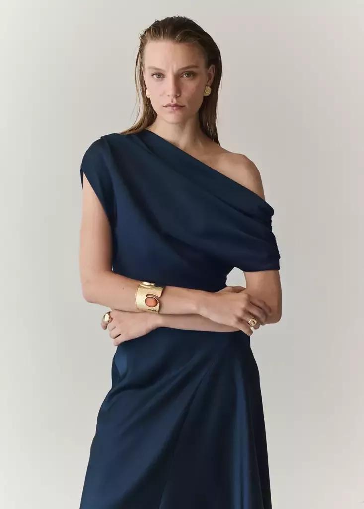 Navy Asymmetrical Satin Dress, Navy, medium