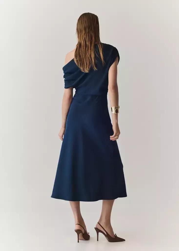 Navy Asymmetrical Satin Dress, Navy, medium
