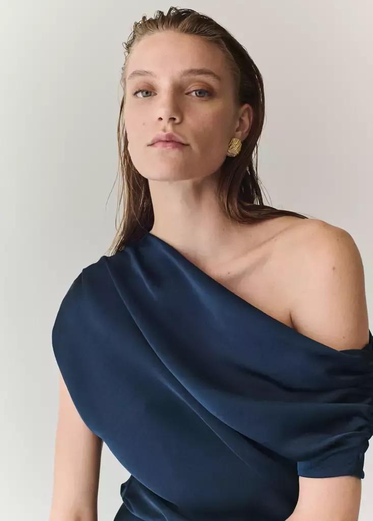 Navy Asymmetrical Satin Dress, Navy, large image number 3