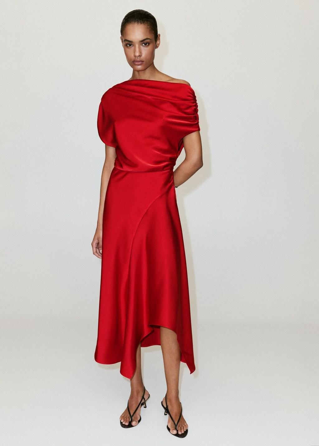 Red Asymmetrical Satin Dress, Red, large image number 0