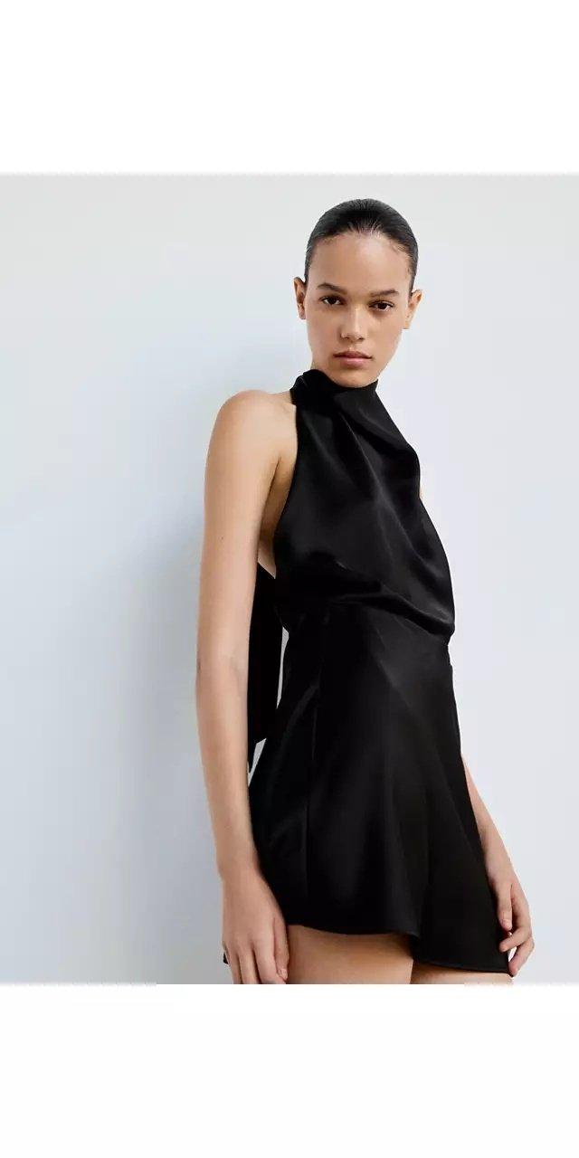 Black Draped Neck Satin Dress, Black, large image number 0