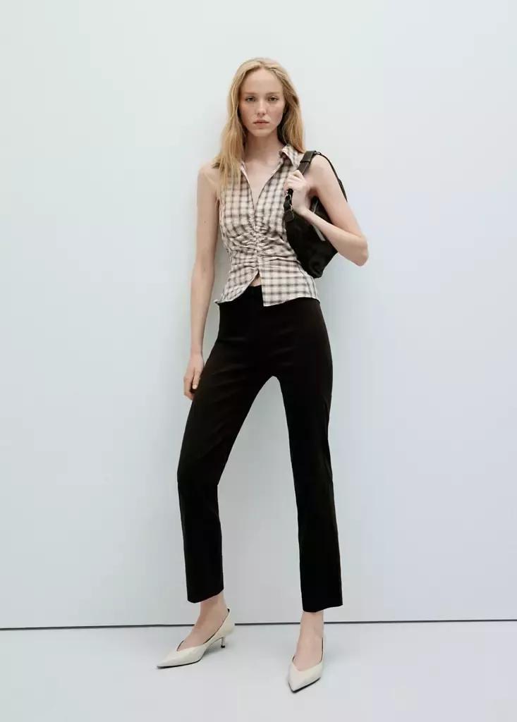 Brown Checked Gathered Shirt, Brown, medium