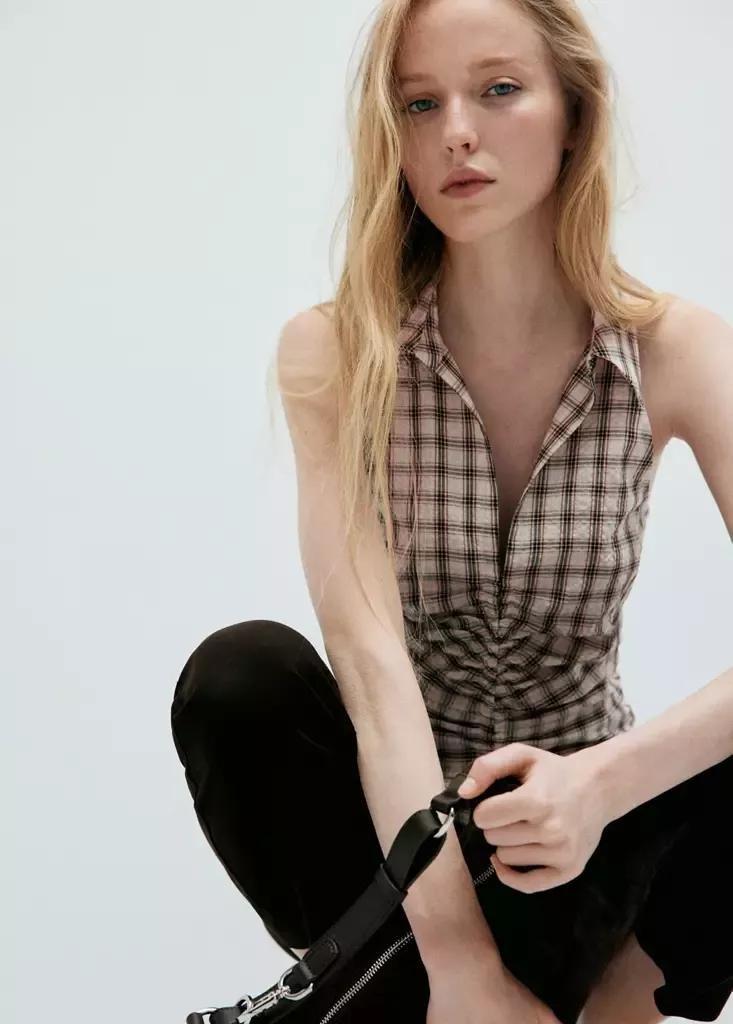 Brown Checked Gathered Shirt, Brown, large image number 1