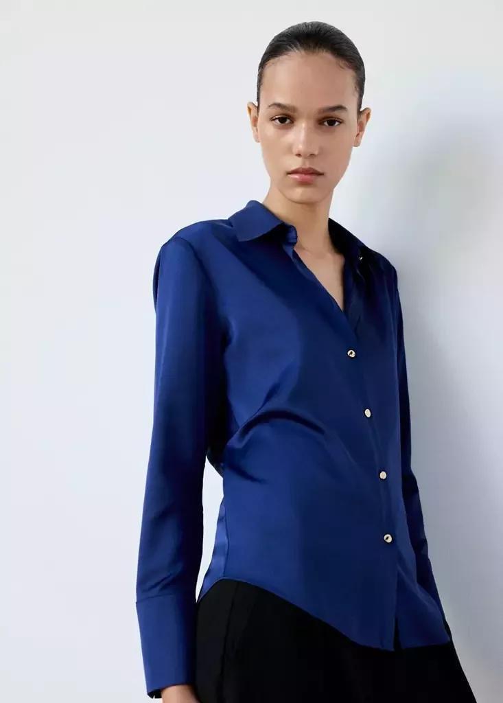 Blue Regular-Fit Satin Shirt, , medium