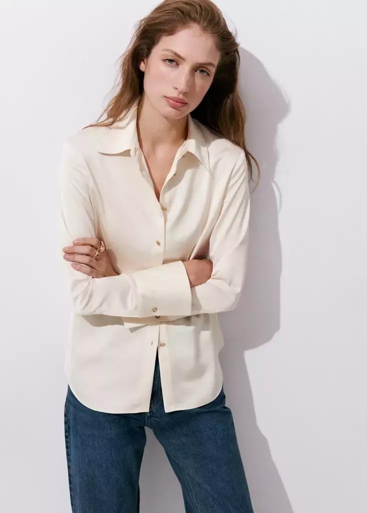Beige Satin Finish Flowy Shirt, Light Beige, large image number 0