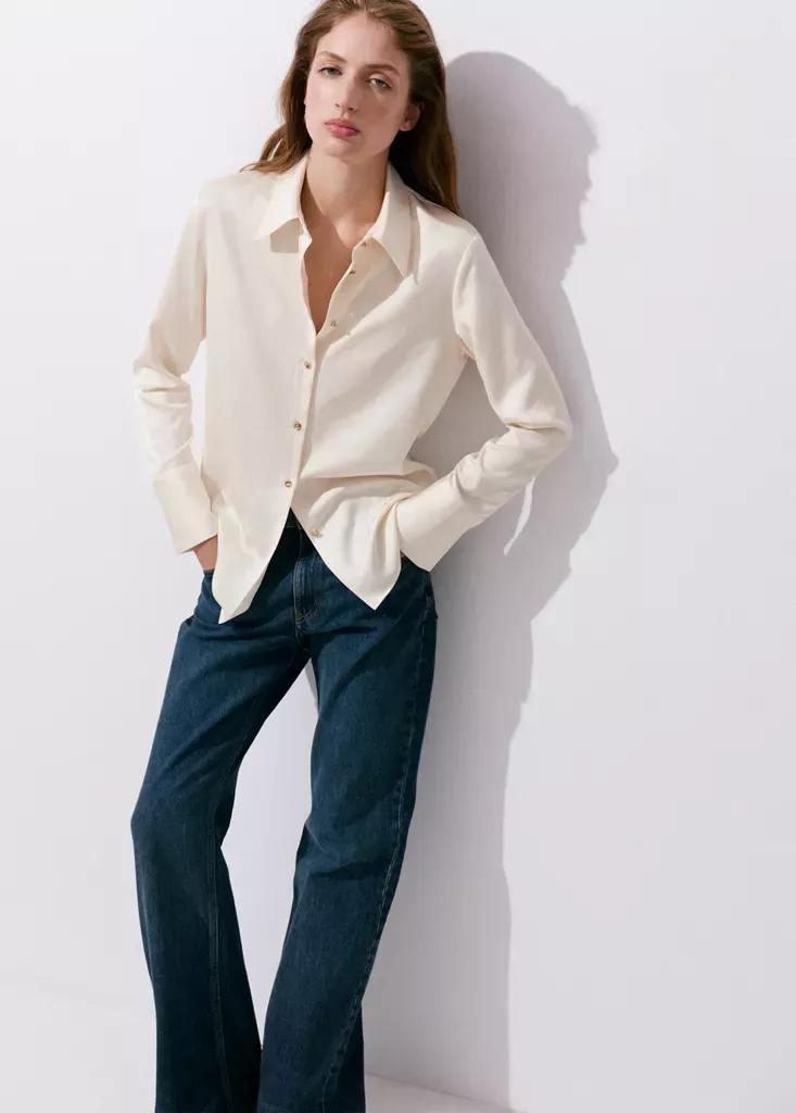 Beige Satin Finish Flowy Shirt, Light Beige, large image number 3