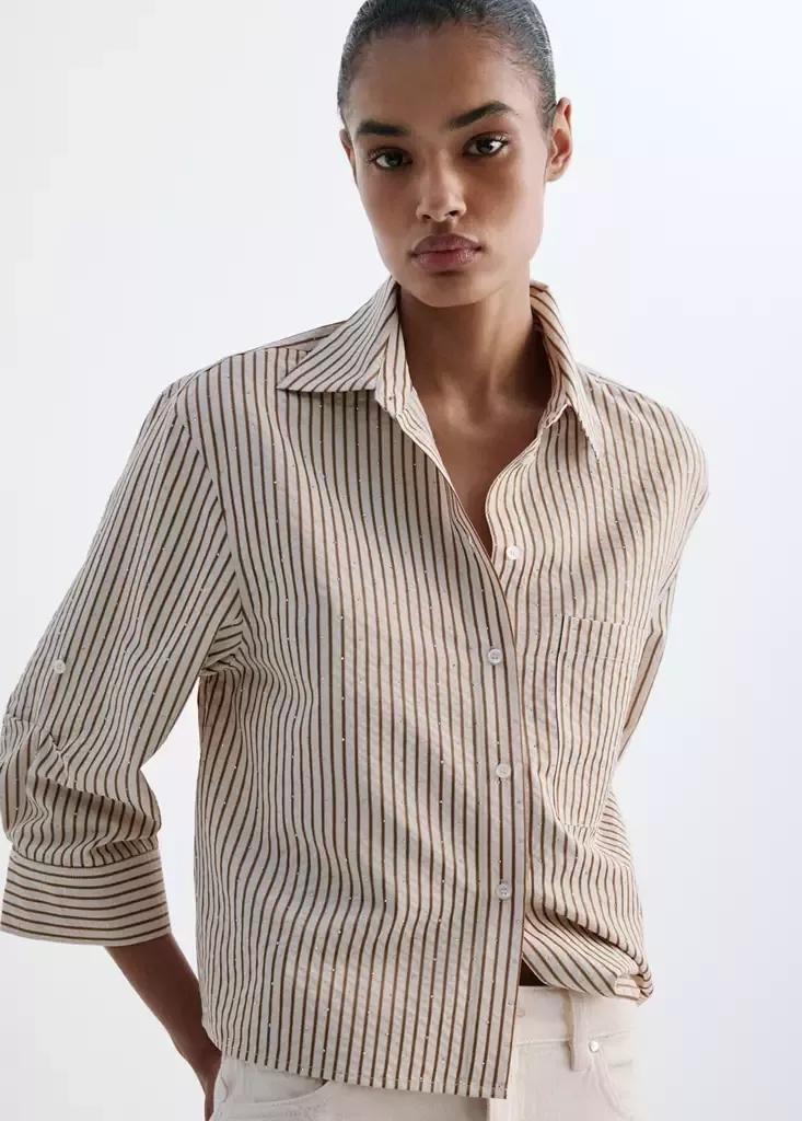 Brown Striped Shirt With Strass, Brown, medium