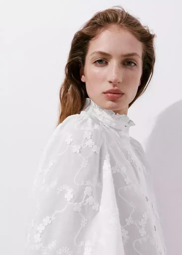 White Blouse With Floral Embroideries, White, large image number 0