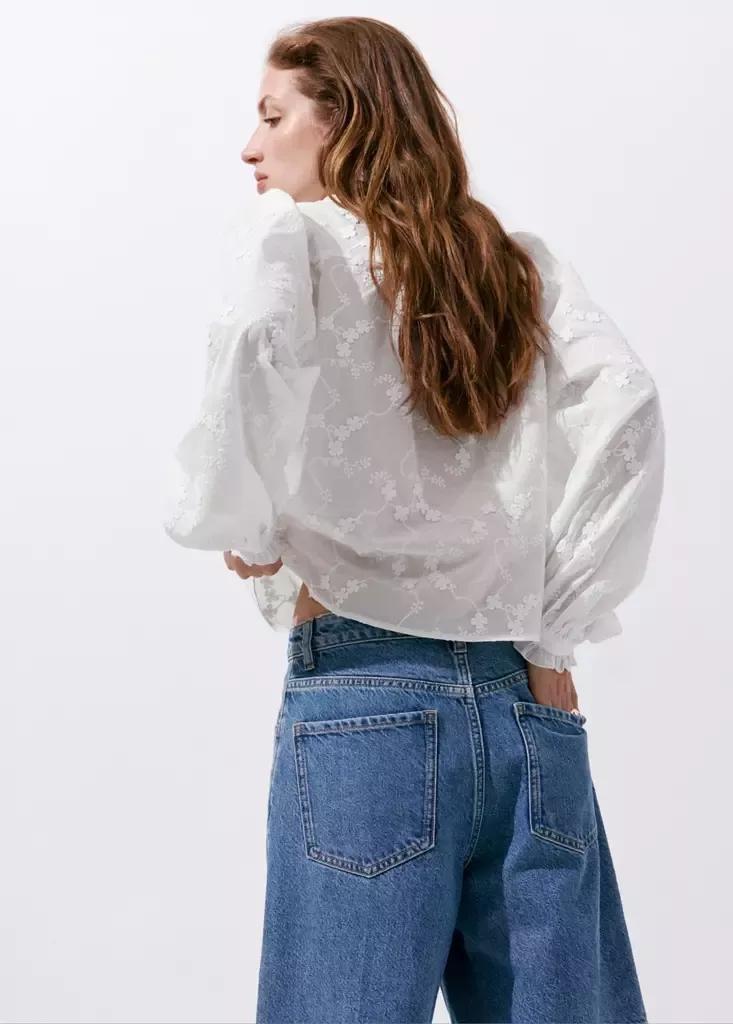 White Blouse With Floral Embroideries, White, medium