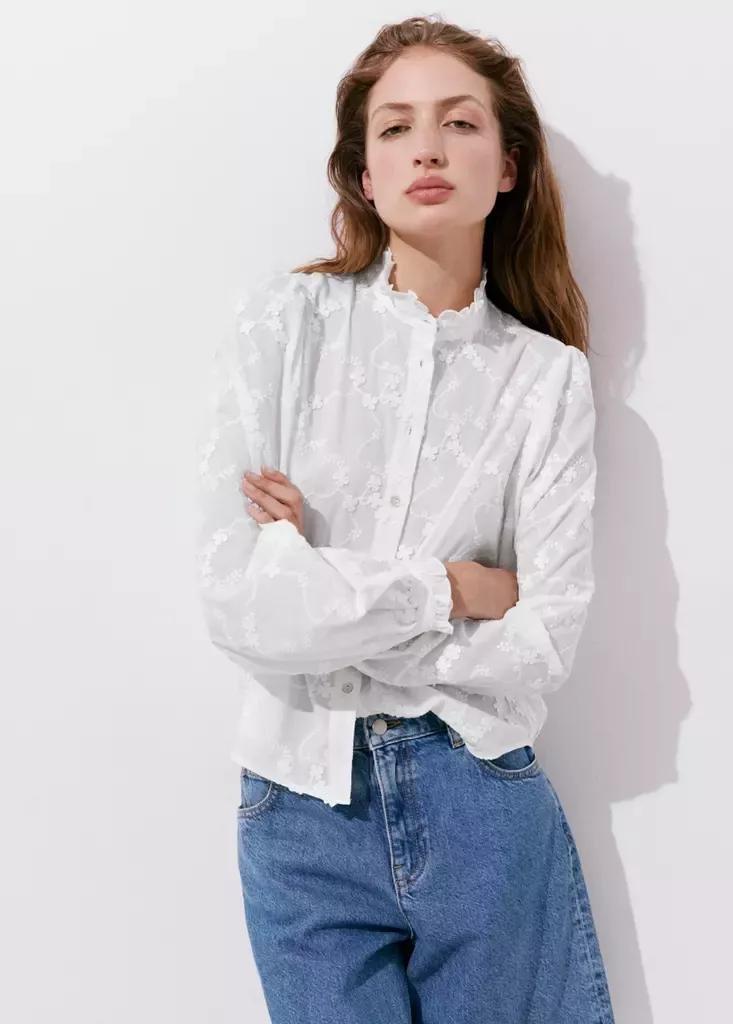 White Blouse With Floral Embroideries, White, large image number 3