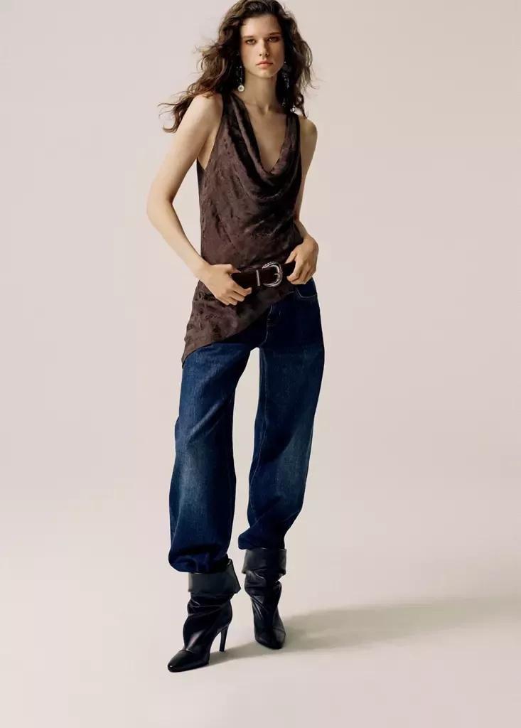 Brown Asymmetric Jacquard Top, , medium