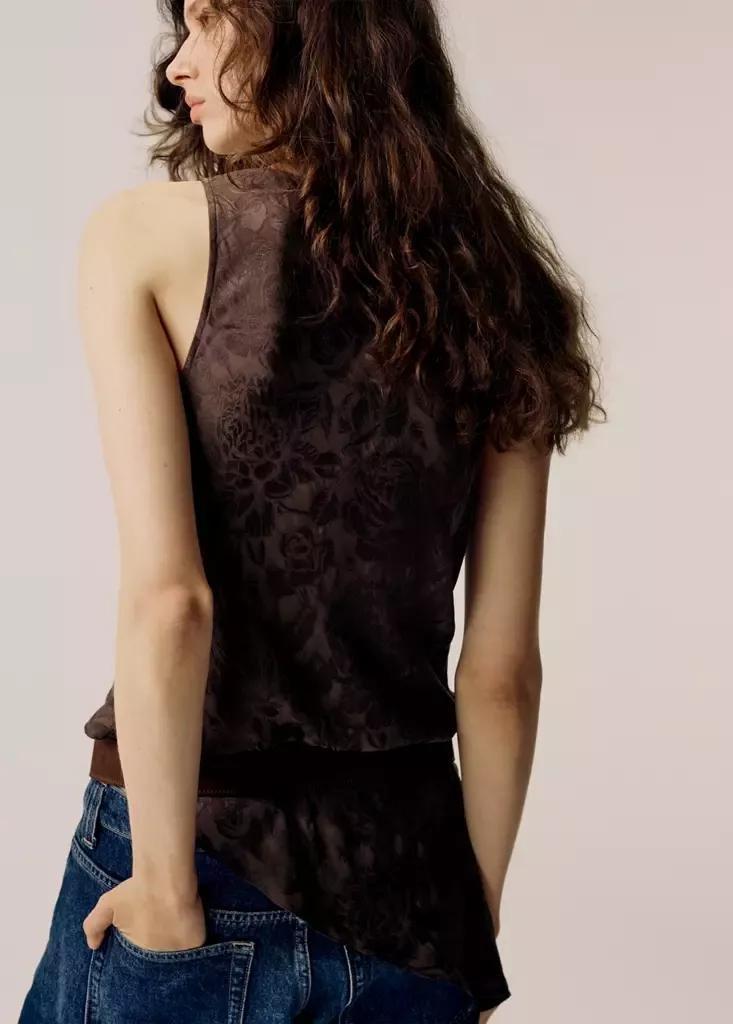 Brown Asymmetric Jacquard Top, , medium