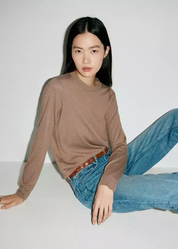 Brown Fine-Knit Crew-Neck Sweater, Medium Brown, medium