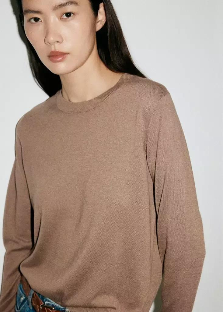 Brown Fine-Knit Crew-Neck Sweater, Medium Brown, large image number 3